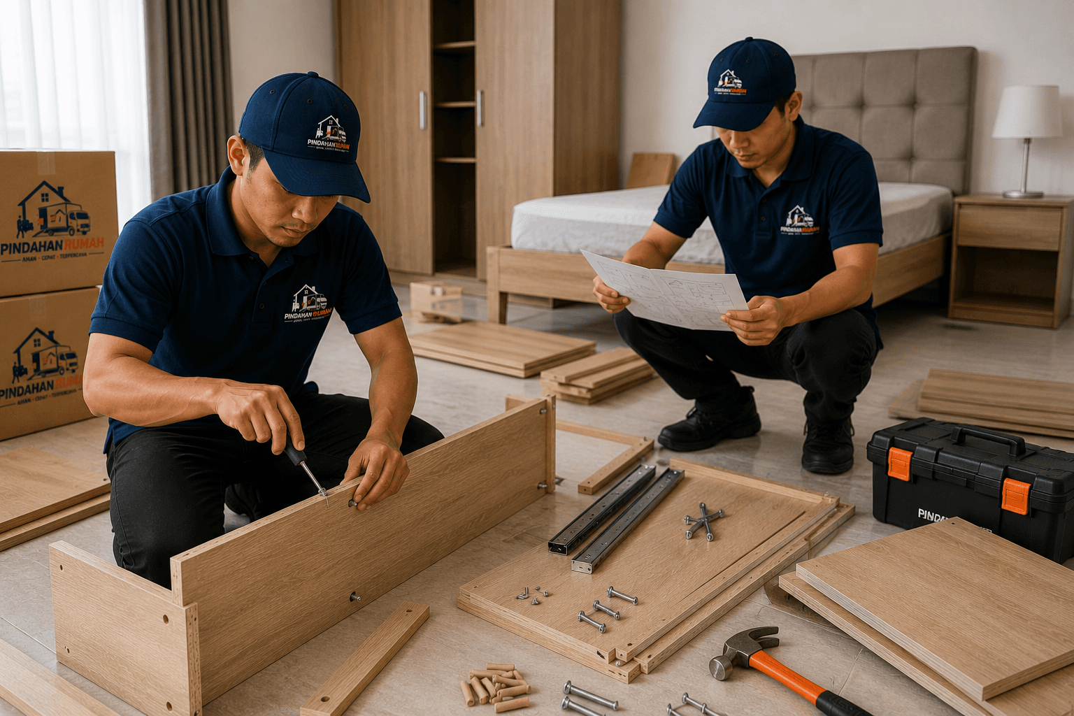 Tim ahli memasang furnitur