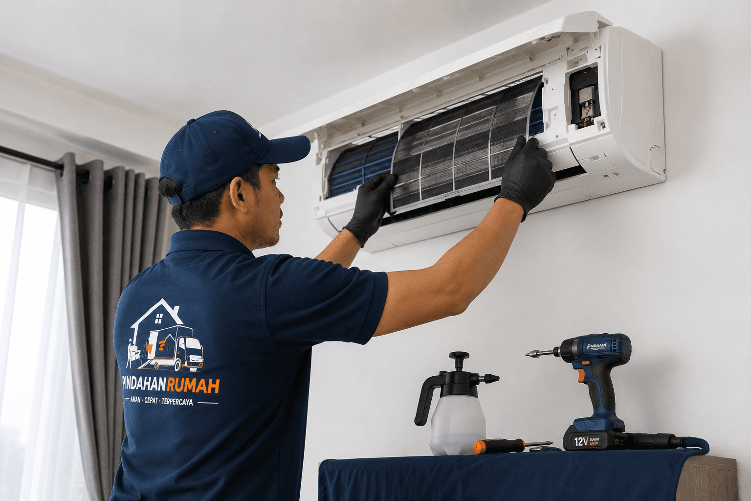 Teknisi sedang memperbaiki AC